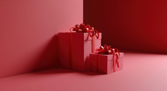 Deux boîtes cadeaux rouges sur un fond rouge, image avec espace pour texte