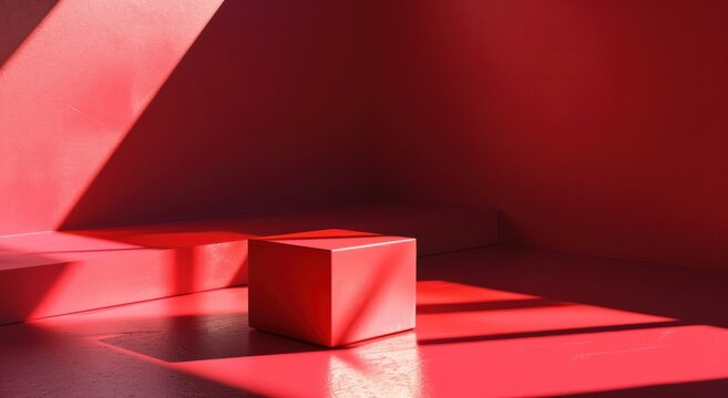 Boîte rouge sur un sol rouge vif, image avec espace pour texte