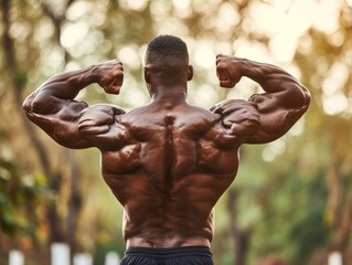 Strong bodybuilder showing off his well-defined back muscles in an indoor setting.