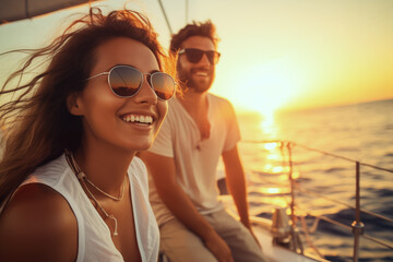 happy people on holidays on sail boat yacht, summer cruise vacation for couple, young people enjoy sea travel - obrazy, fototapety, plakaty