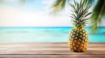 Fresh pineapple on wooden tabletop on background blurred summer beach with palms, Space for text