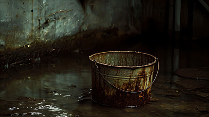 Bucket in flooded basement	