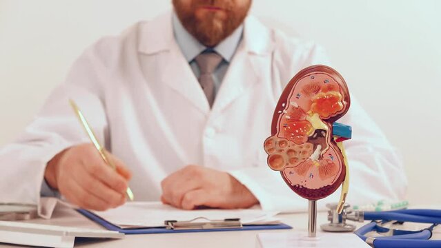 Doctor showing anatomical human kidney model and give pills in his office	
