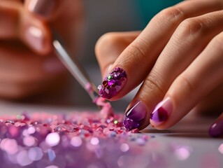 Detailed nail art with pink glitter and rhinestones, a touch of elegance.