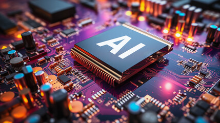 Fototapeta na wymiar Closeup microprocessor on motherboard. CPU and Ai technology.