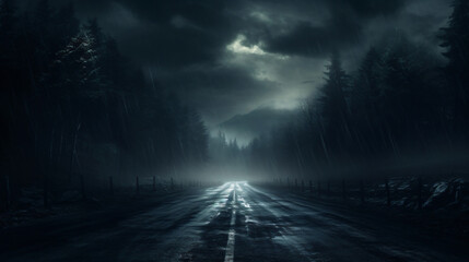 A dark and moody road surrounded by misty forests