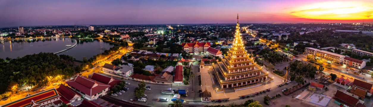 Aerial view of Wat Nong Waeng, also known as Phra Mahathat Kaen Nakhon, in Khon Kaen, Thailand