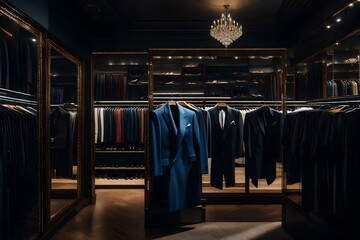 Illustrate the grandeur of a luxury male wardrobe within a boutique setting, presenting an array of expensive suits, designer shoes, and upscale clothing in a captivating photo - obrazy, fototapety, plakaty