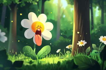 Flor com expressão de nojo na floresta - Ilustração infantil fofa 2d