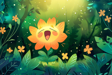 Flor bocejando na floresta - Ilustração infantil fofa 2d