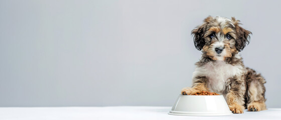  puppy eating from a bowl on a spacious wooden floor, looking at camera, banner with copyspace for text. - obrazy, fototapety, plakaty