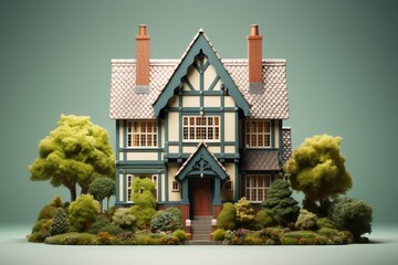 3D Render of a Pastel Yellow Tudor Home, on an isolated Mint Green background, Generative AI