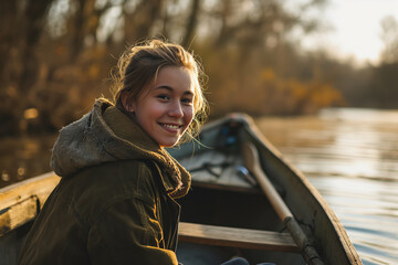 Smiling girl sitting in rowboat on lake