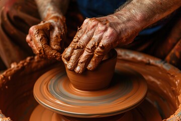 Skillful potter shaping clay on a pottery wheel, in a studio setting, against an earthy terracotta background.