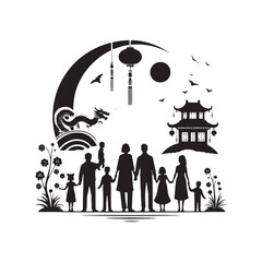 Harmonious Legacy: Iconic Chinese Family Reunion Silhouette - Chinese New Year Silhouette - Chinese Family Vector
