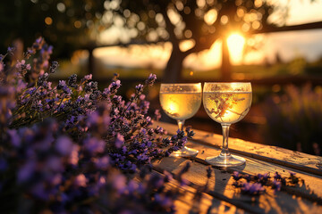 Two glasses of lemonade in a lavender garden, golden hour - obrazy, fototapety, plakaty