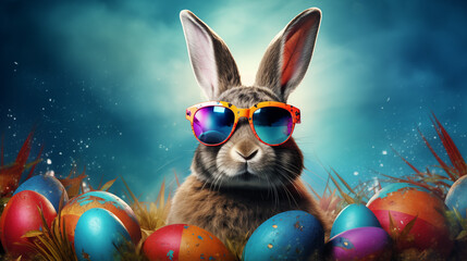 Fototapeta na wymiar Easter bunny with glasses and colourful background