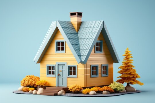 3D Render of a Soft Aqua Log Cabin, on an isolated Butter Yellow background, Generative AI
