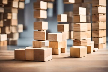 Create an imaginative scene of wooden block stacking as a metaphor for the progressive steps taken in customer targeting and engagement strategies