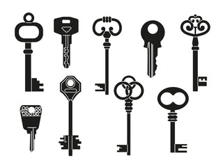 Hand drawn black Vector Keys. Keys  set isolated on white background. Various vintage, old, antique and modern Keys. All elements are isolated.