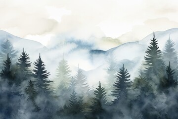 Winter's grace to your projects with a foggy forest and hill watercolor background, where the misty hues, Generative AI 
