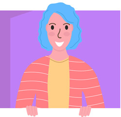 Happy female with blue hair holding a blank sign. Cartoon woman in striped shirt presenting an empty banner. Friendly character with cheerful expression vector illustration.