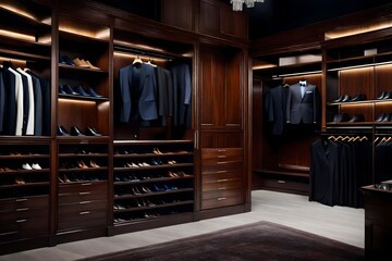 Design an elegant scene portraying the lavishness of a boutique shop's male wardrobe, filled with an impressive collection of expensive suits, designer shoes, and stylish clothes