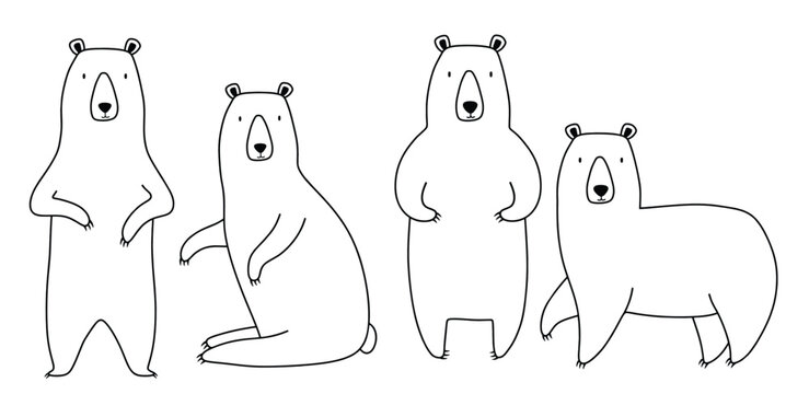 Cute bear line sketch set. Outline vector illustration.