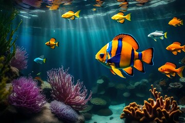 Fototapeta na wymiar Write a descriptive piece about the mesmerizing colors and graceful movements of tropical fish swimming in a vibrant aquarium