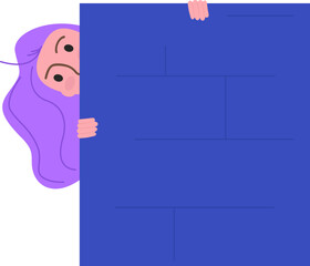 Woman peeking behind blue wall, curious female with purple hair looking at something. Playful character hiding, peekaboo moment vector illustration.