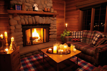 Detailed Description of Cozy Living Room with Crackling Fireplace and Rustic Furniture