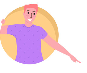 Young male character with a cheerful expression, pointing and smiling. Casual attire, modern style, positive vibes. Communication and happy emotions vector illustration