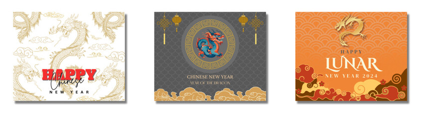 Happy Chinese new year 2024 with dragon on the number. Set of 2024 Chinese new year square template 