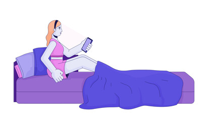 Girl with phone in messy bed 2D linear cartoon character. Blonde caucasian woman holding smartphone isolated line vector person white background. Doomscrolling cellphone color flat spot illustration
