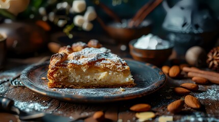 Cottage cheese tart with almonds and sugar on a rustic background