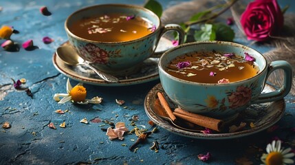 Obraz na płótnie Canvas Cup of tea with dried flowers and cinnamon on a blue background