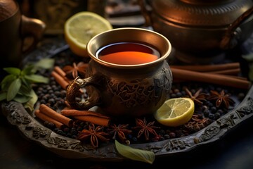 Fototapeta premium Masala chai simmering with aromatic spices