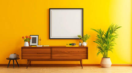 Vibrant yellow wall with modern dresser and blank picture frame