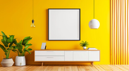 Vibrant yellow wall with modern dresser and blank picture frame