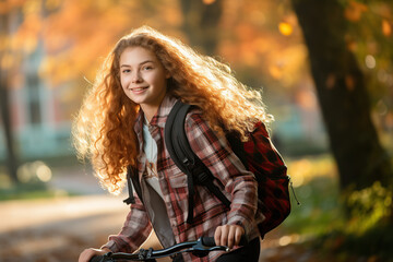 Beautiful student girl riding on bicycle in college campus
