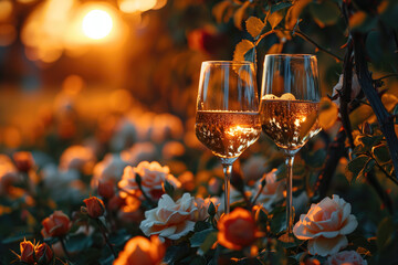 Two glasses of wine in a flower garden at sunset with copy space