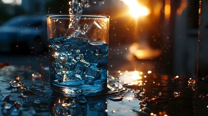 Glass of water with splashes and drops on a dark background.
