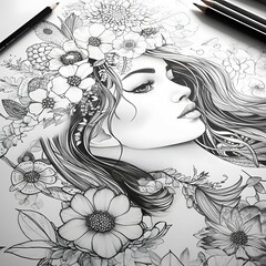 Ink Drawing Coloring Page for Adults, Beautiful Amazing Cute Sweet, No Background, Black and White, Love, Clean Line Art, Highly Detailed, Art Station, Concept Art, Soft Bright Neon, Sharp Focus, Illu