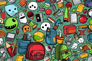 Cartoon cute doodles featuring hand-drawn elements of school buses, backpacks, and chalkboards in a delightful and nostalgic seamless pattern, Generative AI