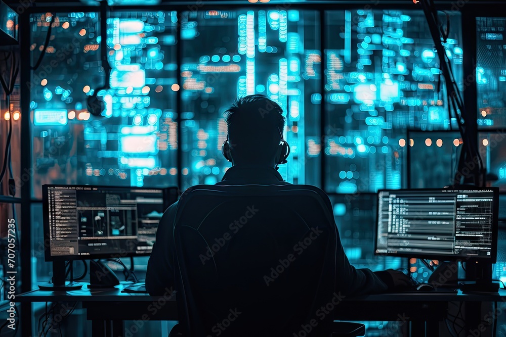 Poster digital guardian. professional cybersecurity specialist monitoring dark room with computer servers e