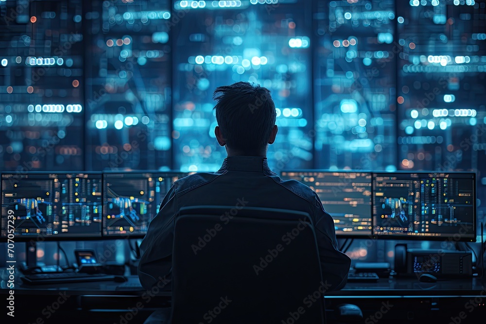 Poster digital guardian. professional cybersecurity specialist monitoring dark room with computer servers e
