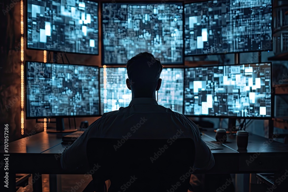 Poster digital guardian. professional cybersecurity specialist monitoring dark room with computer servers e