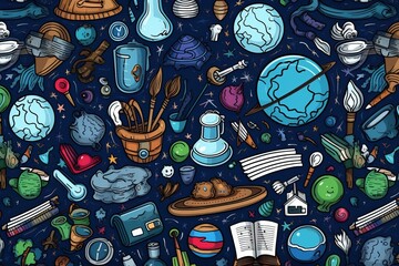 Cartoon cute doodles illustrating a variety of doodle elements, including globes, chalkboards, and magnifying glasses, in a playful school-themed pattern, Generative AI