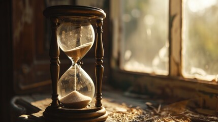 Hourglass on the background of the old window. The concept of time passing