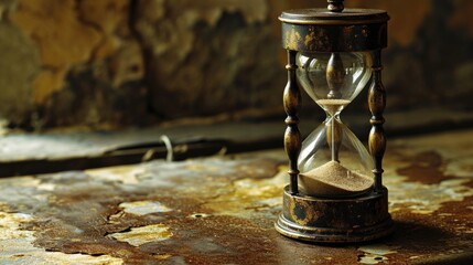 Old hourglass on a rusty background. Concept of time and deadline - obrazy, fototapety, plakaty
